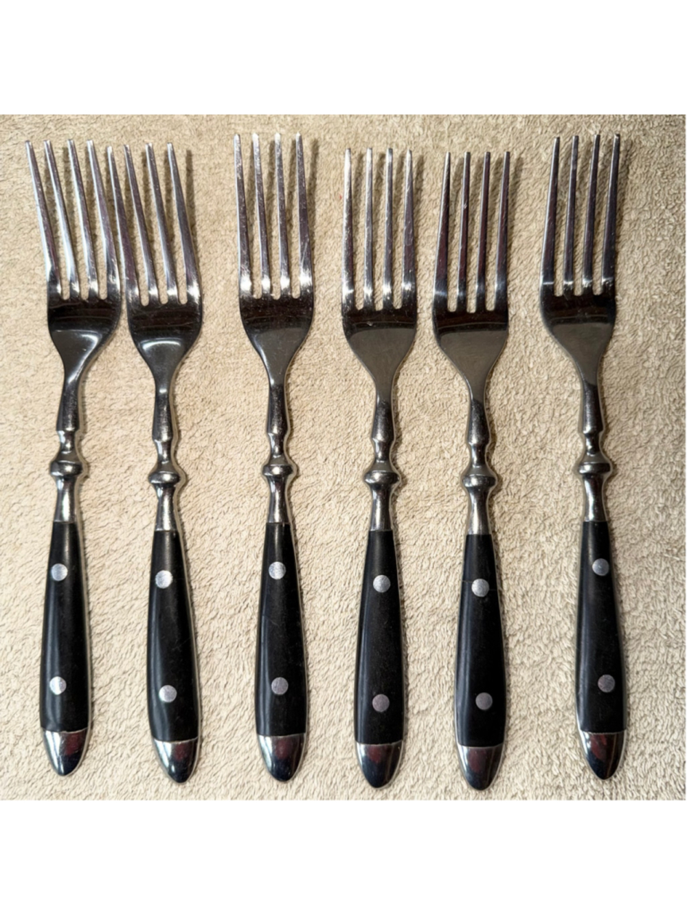 Vintage Inox Stainless Steel Black Rivet Handle Dinner Forks Set/6